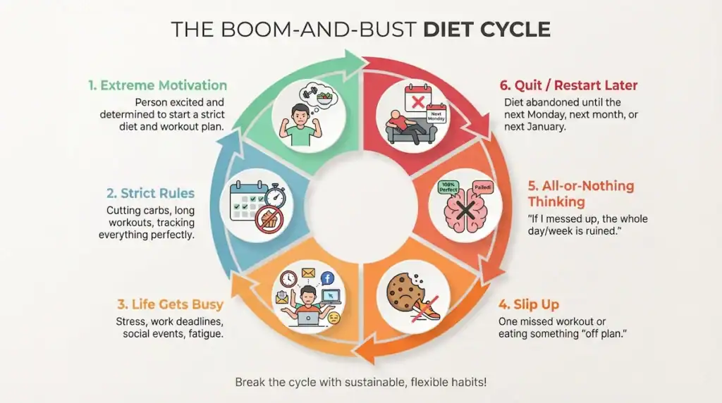 Infographic showing the boom-and-bust weight loss cycle where strict dieting leads to stress, a slip-up, all-or-nothing thinking, and restarting the diet later.