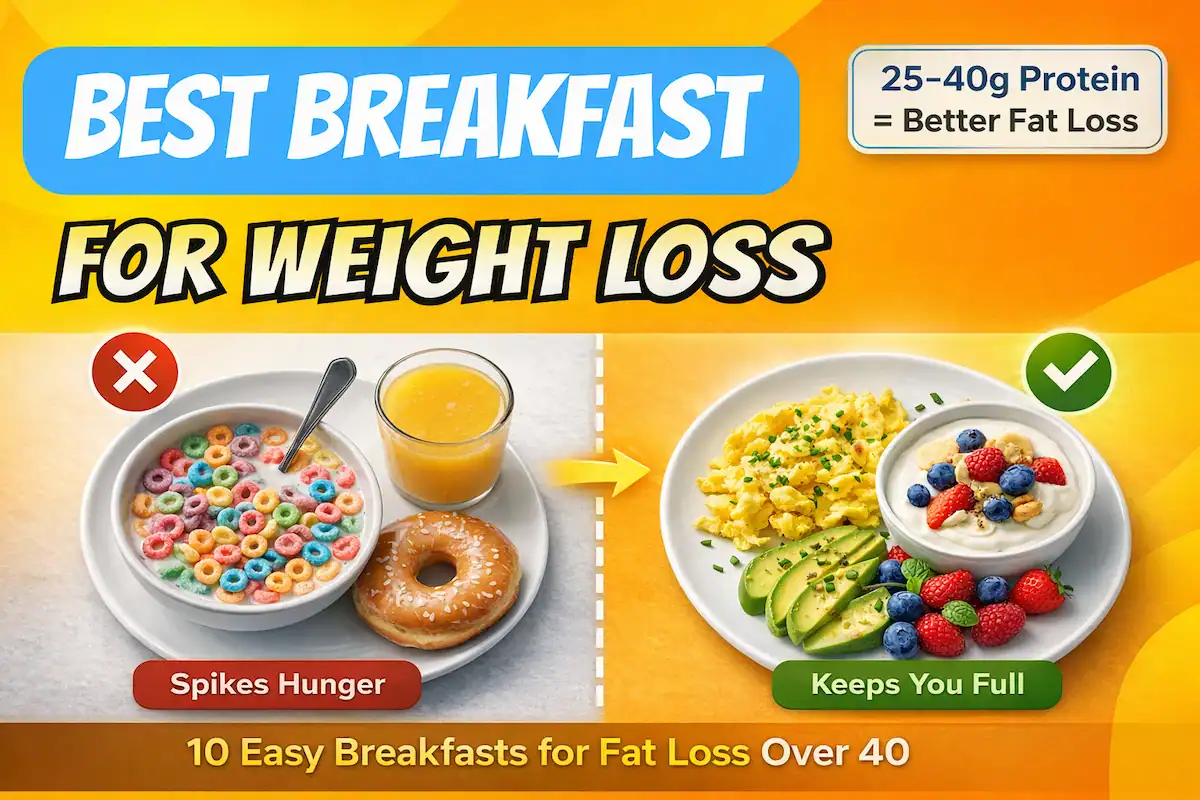 Here’s a clean, ADA-compliant alt text (concise but descriptive): **Alt text:** Split image showing unhealthy breakfast (cereal, donut, juice) labeled “spikes hunger” versus healthy high-protein breakfast (eggs, yogurt, avocado, berries) labeled “keeps you full,” with headline “best breakfast for weight loss” and note “25–40g protein = better fat loss.”