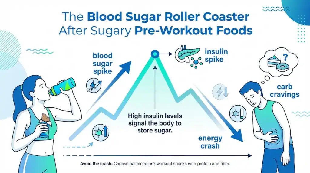 blood sugar roller coaster exercise infographic Infographic showing how sugary pre-workout foods cause a rapid blood sugar spike followed by an insulin surge and a sharp energy crash that can trigger hunger and carbohydrate cravings.