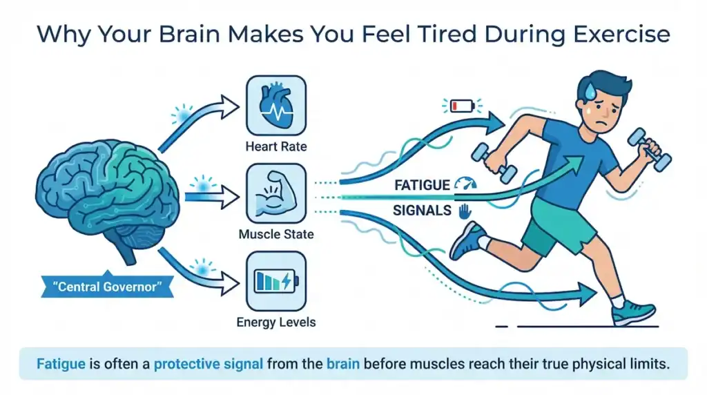 central governor exercise fatigue diagram Diagram showing the brain acting as a “central governor” that monitors heart rate, muscle condition, and energy levels, then sends fatigue signals to slow exercise before muscles reach their physical limits.