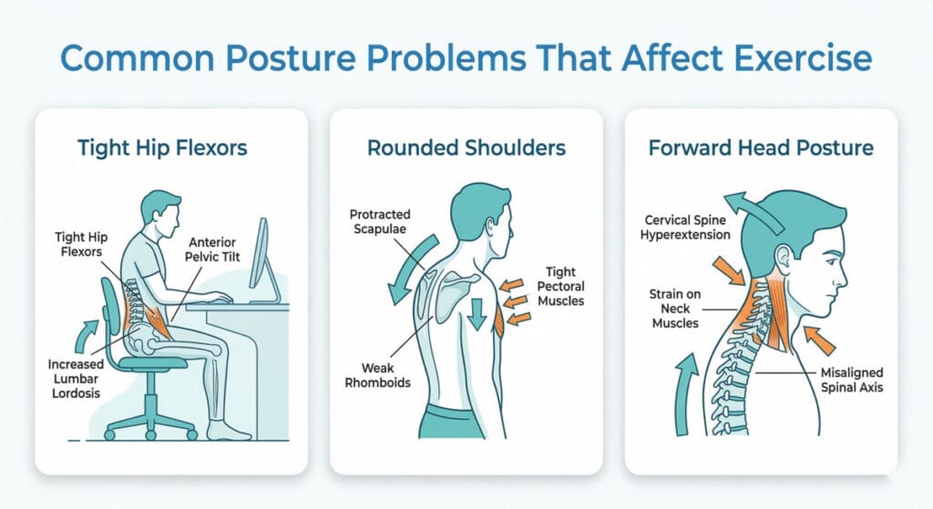 common posture problems that affect exercise Infographic showing three common posture problems that affect exercise performance: tight hip flexors from prolonged sitting, rounded shoulders from desk posture, and forward head posture that increases neck strain.