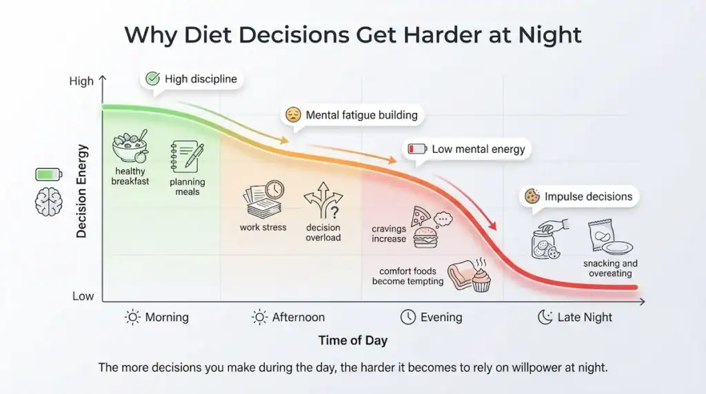Line graph showing decision energy declining from morning to night, illustrating how dieting becomes harder as mental fatigue builds during the day.