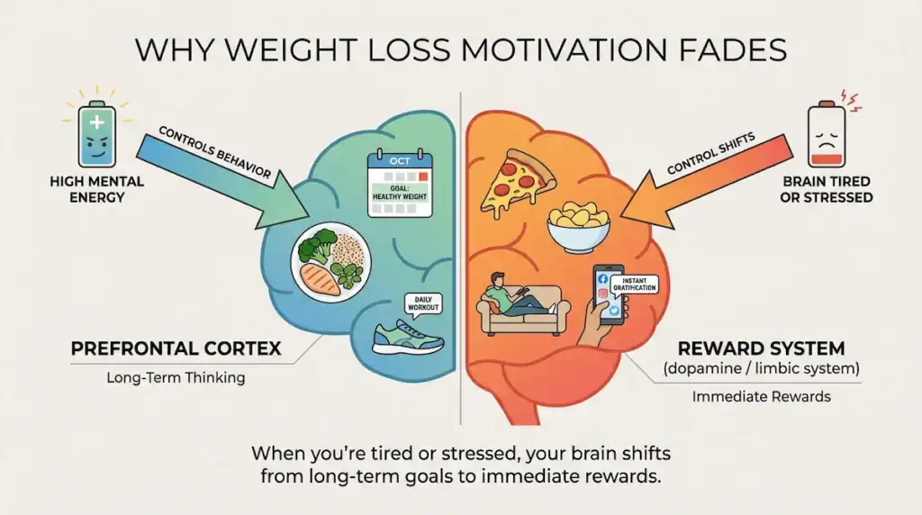 Infographic showing how decision fatigue shifts control from the brain’s long-term planning center to the reward system, making unhealthy food choices more likely.
