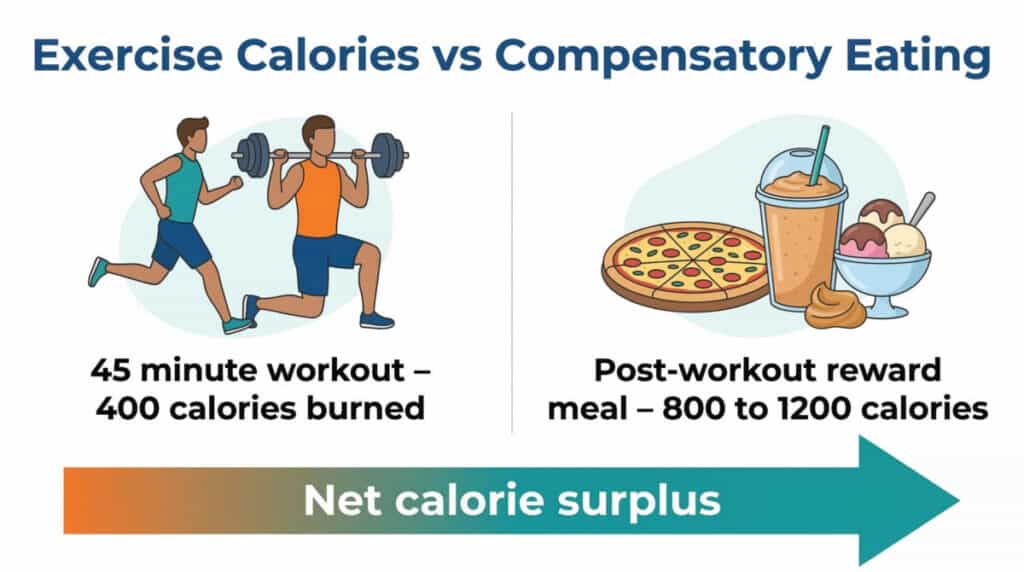 exercise calories vs compensatory eating Infographic comparing calories burned during a workout to calories consumed in a post-exercise reward meal, illustrating how compensatory eating can offset exercise calorie burn.