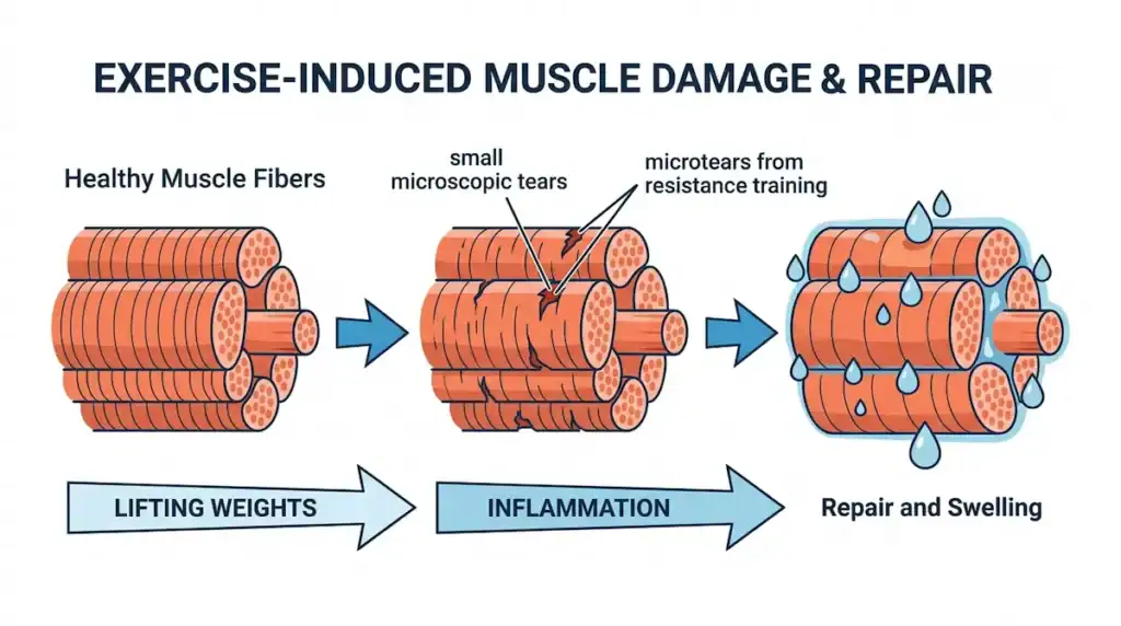 exercise induced muscle damage and repair Infographic showing healthy muscle fibers developing microscopic tears during weightlifting followed by inflammation and swelling as the muscle repairs.