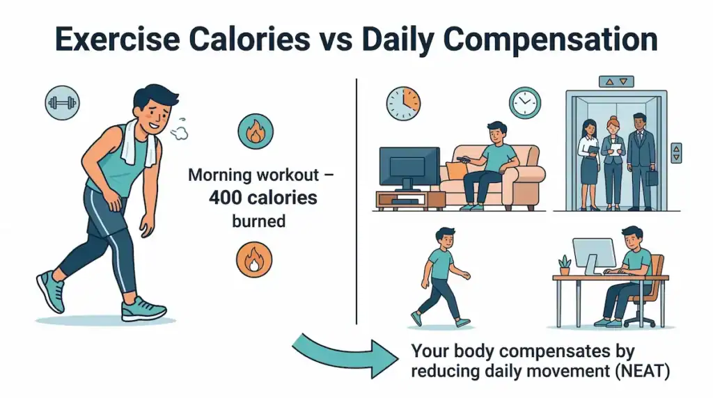 exercise neat compensation infographic Infographic showing how exercise calories can be offset by reduced daily movement later in the day, illustrating the concept of NEAT compensation.