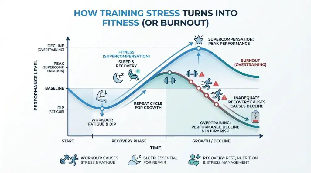 exercise recovery supercompensation curve Graph illustrating the supercompensation training model showing how exercise initially causes fatigue and a temporary performance drop, followed by recovery and improved fitness when adequate rest occurs, compared with declining performance when recovery is insufficient.