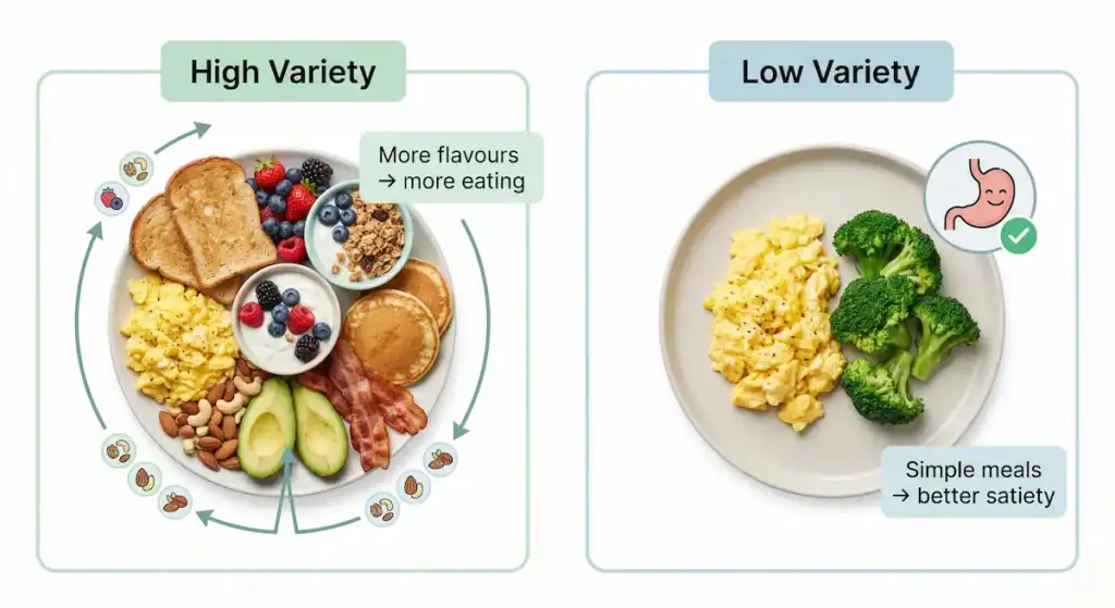 comparison showing high variety meals increase appetite while simple meals help reduce overeating
