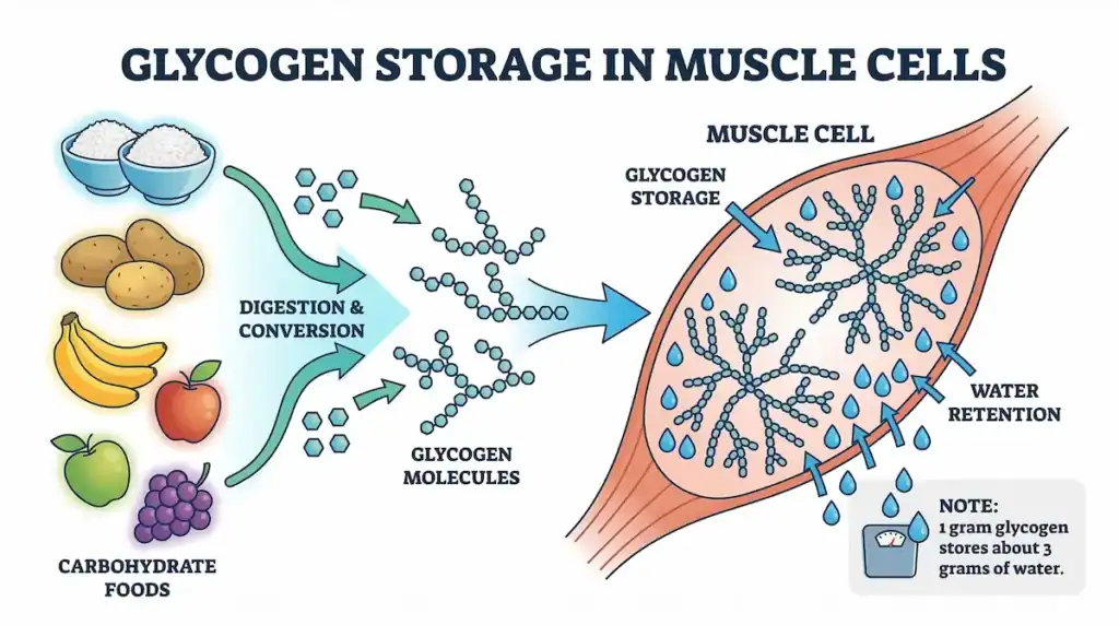 glycogen storage in muscle cell inforgraphic Diagram showing carbohydrates being stored as glycogen in muscle cells with water molecules entering the muscle, illustrating how glycogen storage increases body weight.