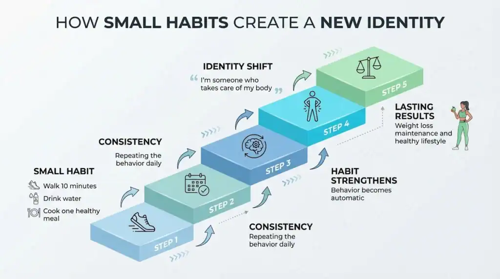 Infographic showing how small habits build consistency, create identity change, and lead to lasting weight loss results.