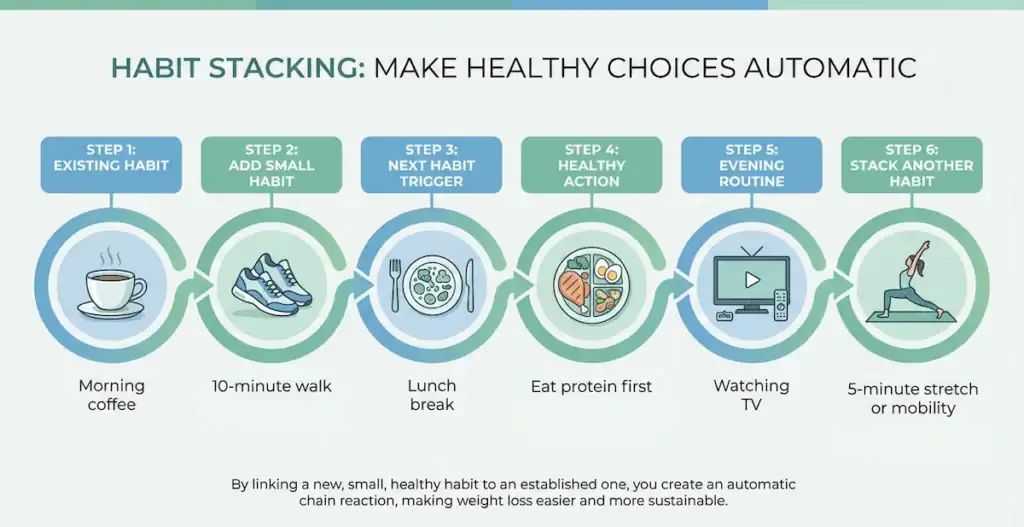Infographic showing habit stacking where existing routines like morning coffee trigger small healthy actions such as walking, eating protein first, and stretching.
