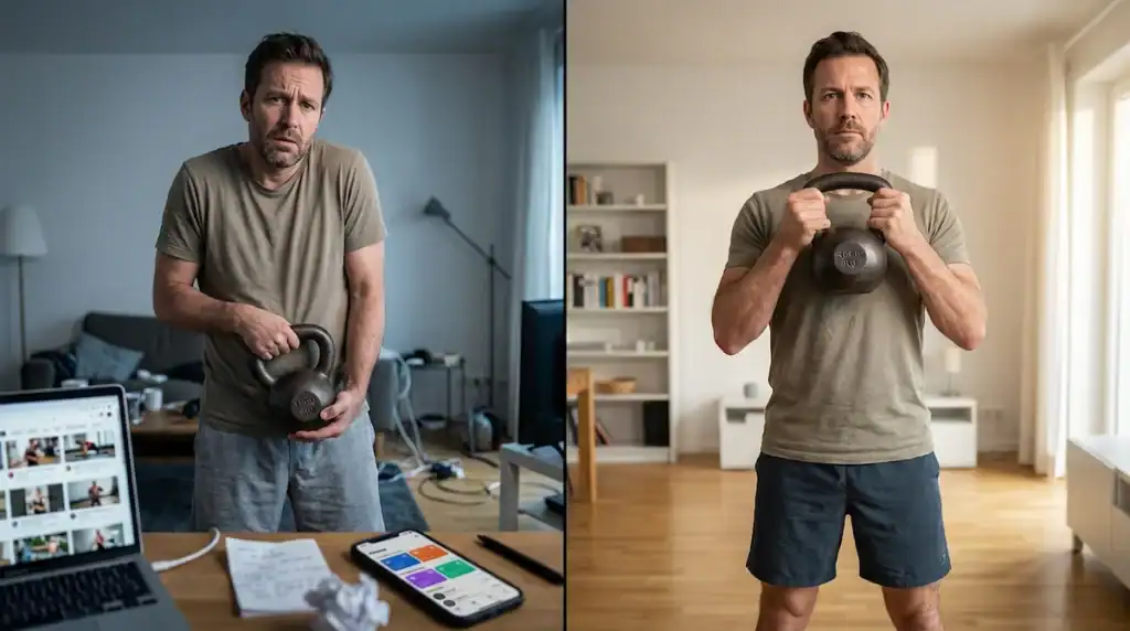 Beginner confused with kettlebell workouts compared to confident proper kettlebell form at home