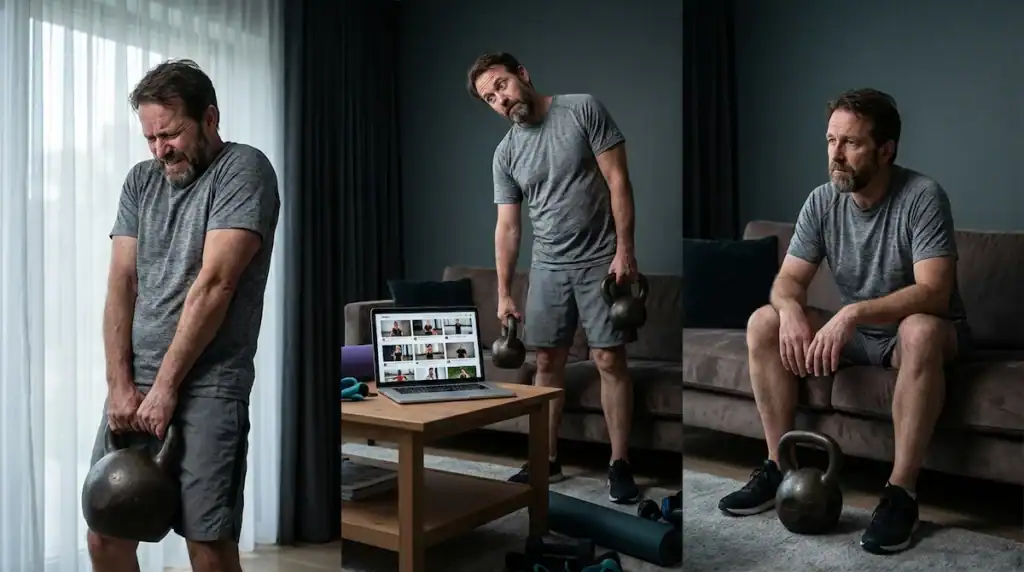 Man making common beginner kettlebell mistakes including using too much weight, confusion, and hesitation at home