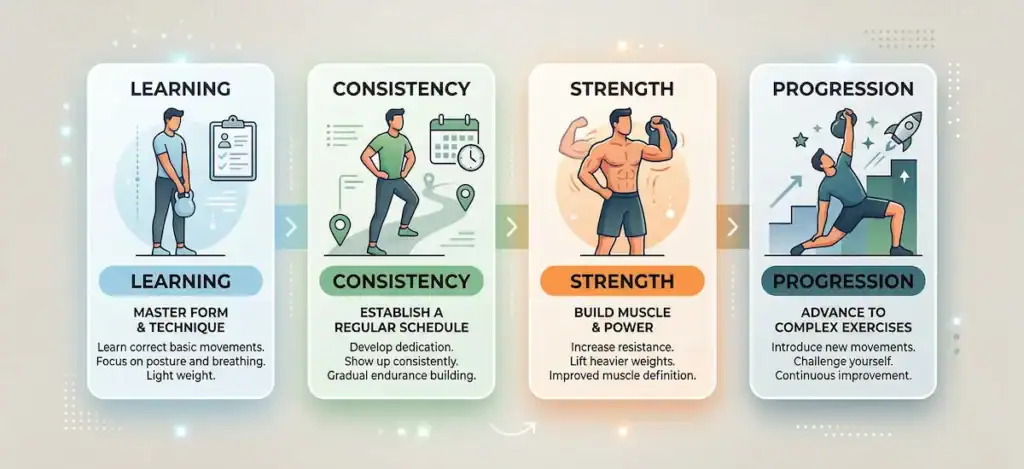 Timeline showing beginner progression from learning technique to increasing strength with kettlebells