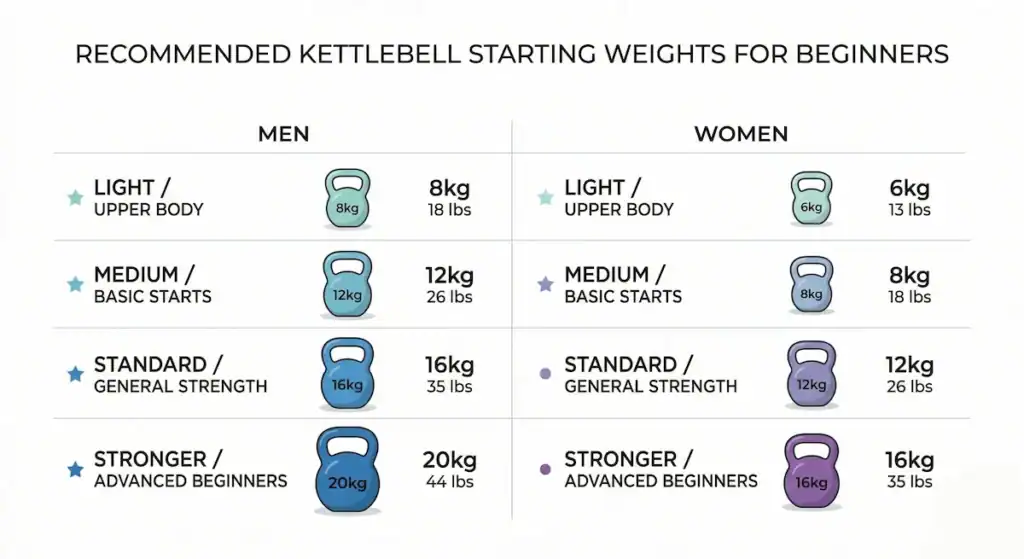 Chart showing recommended beginner kettlebell weights for men and women