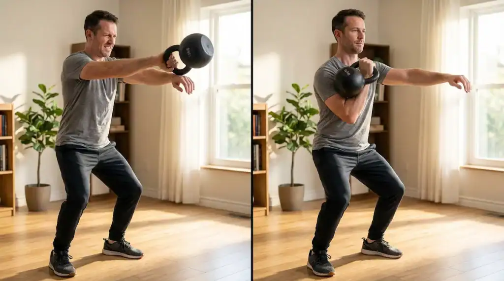 Comparison of incorrect kettlebell clean with wide arc hitting forearm versus correct clean with bell staying close and landing smoothly