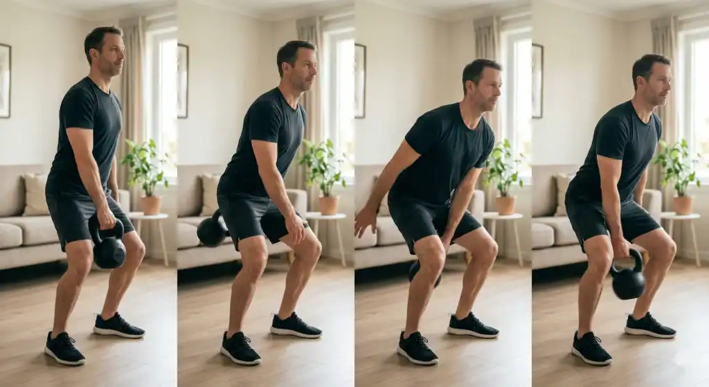 Four-step sequence showing kettlebell figure-8 pass movement and hand transfer behind the legs
