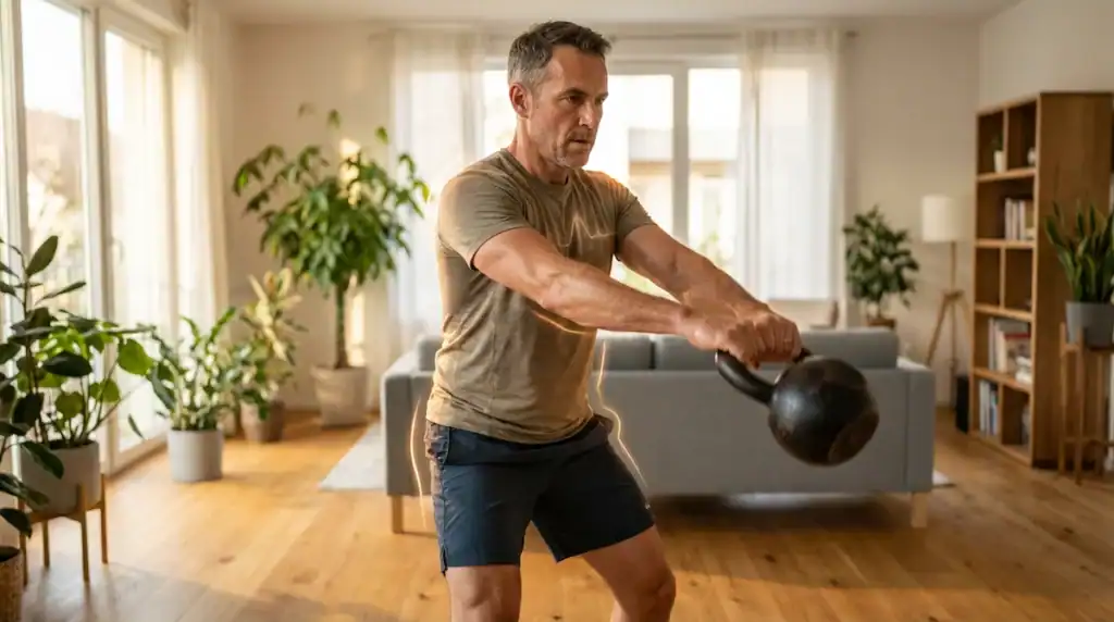 Man performing kettlebell swing showing full body muscle engagement and cardio effort at home