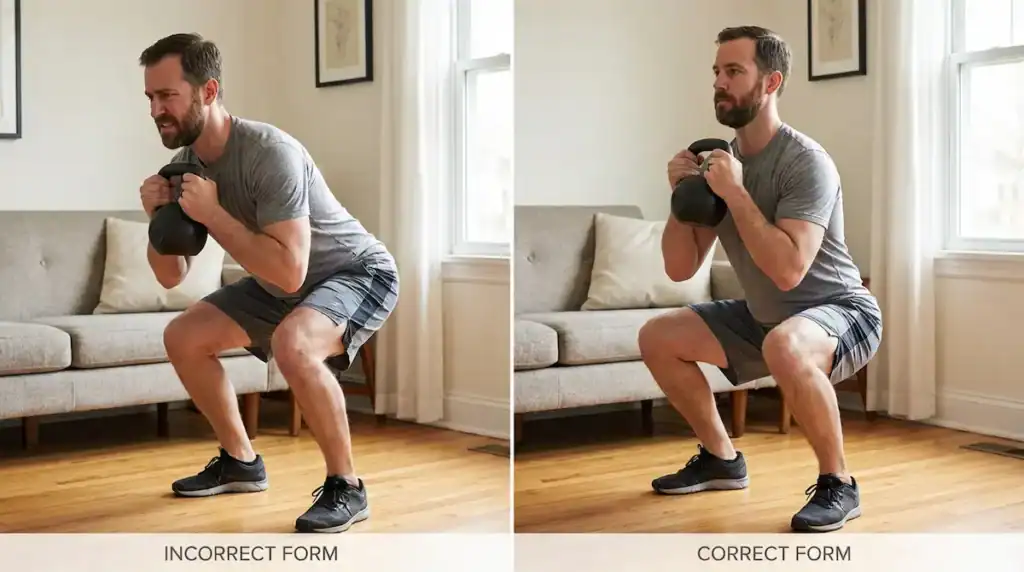 Side-by-side comparison of correct and incorrect kettlebell goblet squat form showing posture and knee alignment differences