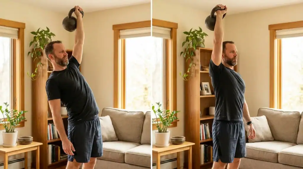 Comparison of incorrect kettlebell overhead press with lower back arch versus correct press with stacked alignment and neutral spine