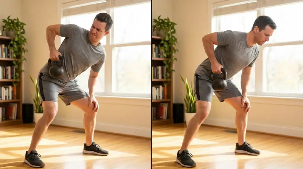 Comparison of incorrect kettlebell row with torso rotation versus correct row with stable core and square hips