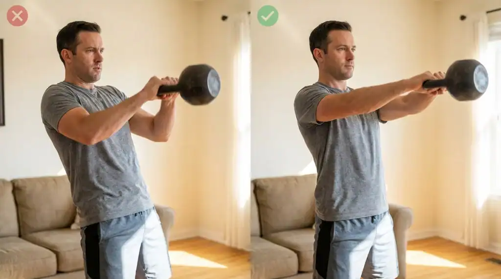 Comparison of incorrect kettlebell swing using bent arms versus correct hip-driven swing with straight arms