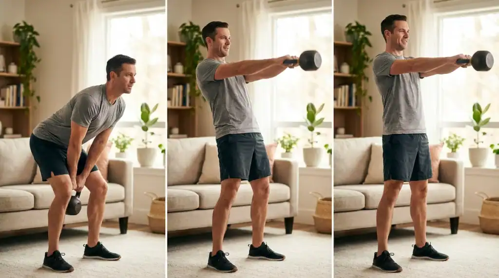 Three-step sequence of kettlebell swing showing hip hinge, explosive hip drive, and kettlebell floating at chest height