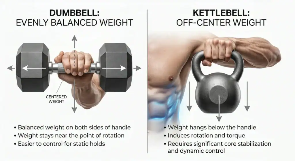 Comparison of dumbbell and kettlebell showing centered versus off-center weight distribution