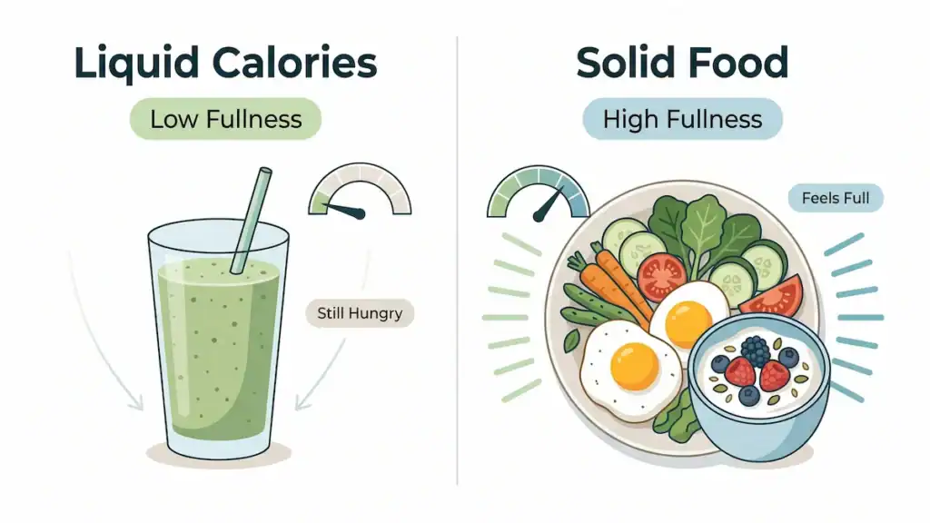 comparison showing liquid calories like smoothies provide less fullness than solid whole food breakfast