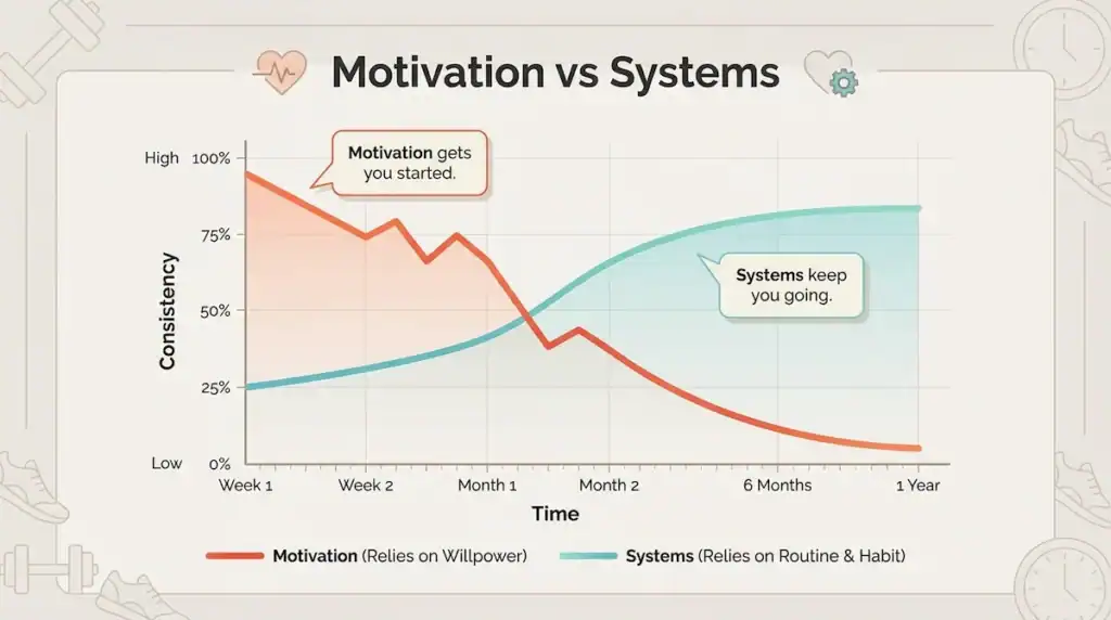 Line graph comparing motivation and systems for weight loss, showing motivation starting high then declining while systems gradually increase and sustain consistency over time.