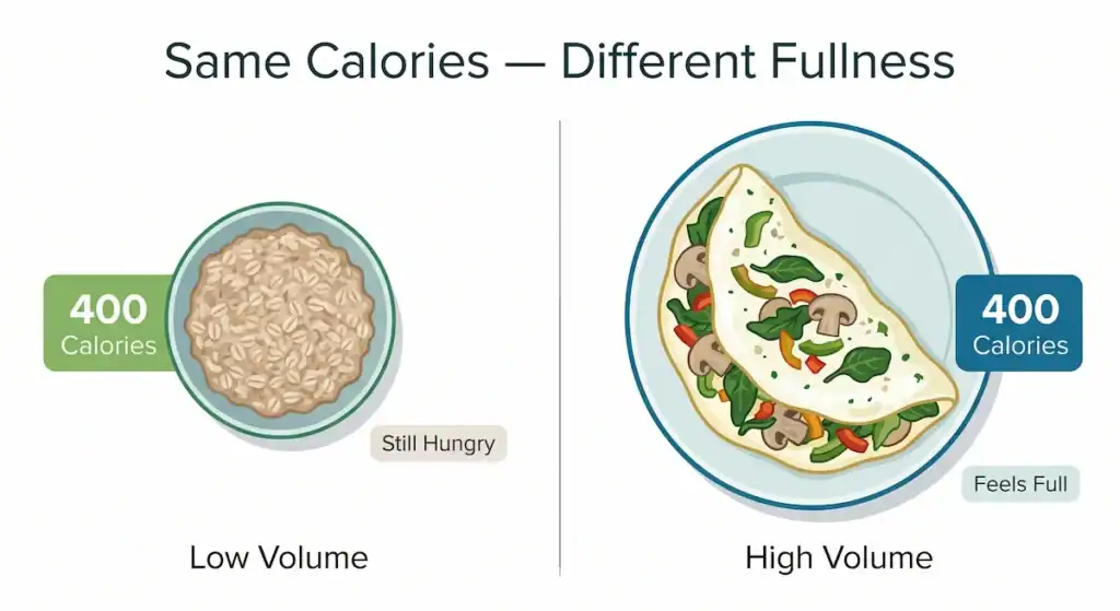 comparison of oatmeal and egg white omelet showing same calories but different food volume and fullness