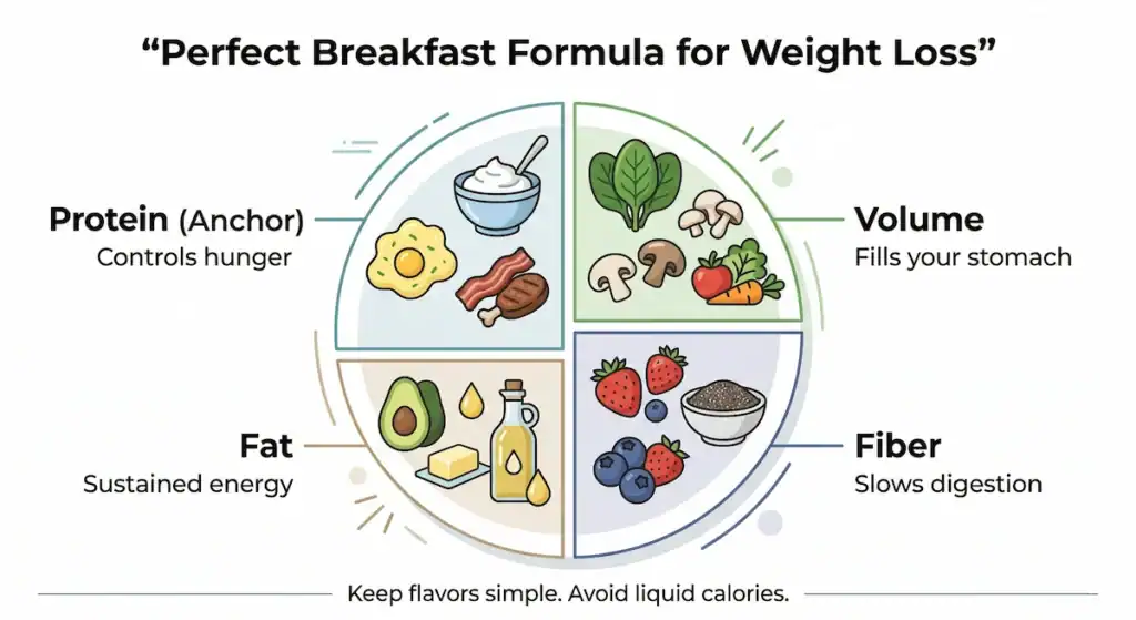 diagram showing protein, volume, fiber, and fat components of a balanced breakfast for weight loss