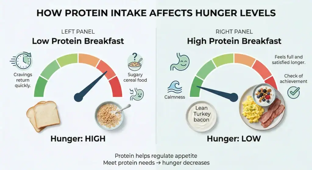 diagram showing how higher protein intake lowers hunger levels compared to low protein breakfast