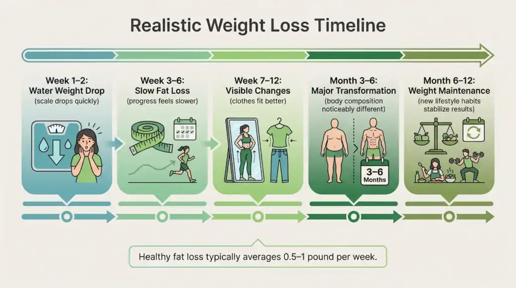 Timeline infographic showing realistic weight loss progress from early water weight loss to gradual fat loss and long-term weight maintenance.