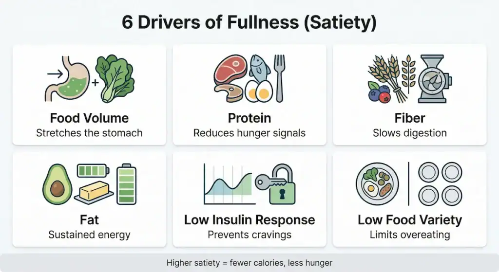 infographic showing six factors that increase fullness including protein fiber volume fat insulin response and food variety
