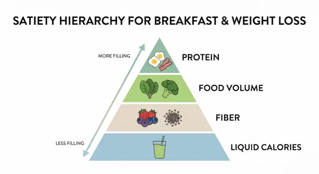 satiety hierarchy pyramid showing protein, food volume, fiber, and liquid calories ranked by fullness for weight loss