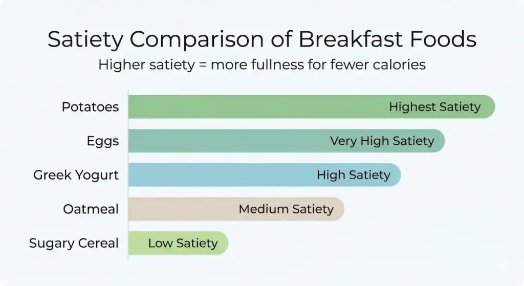 bar chart comparing satiety levels of eggs yogurt potatoes oatmeal and cereal for fullness