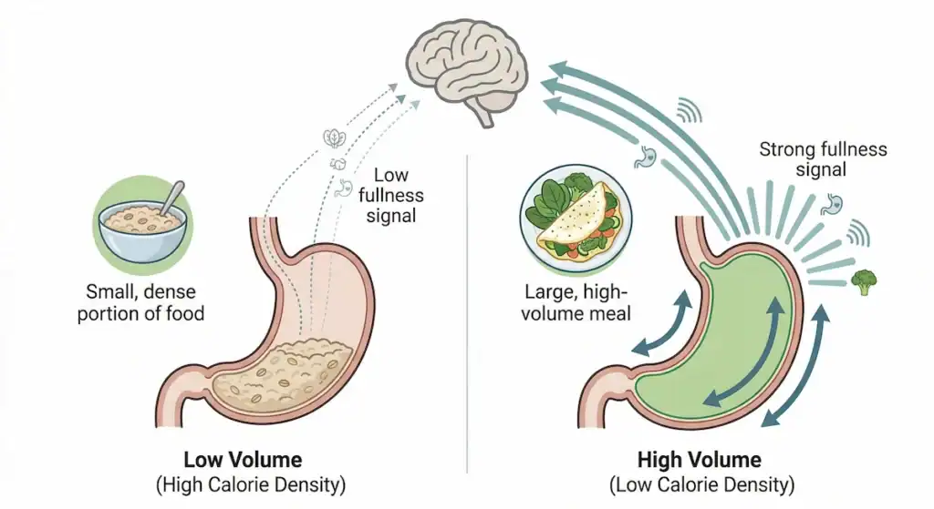 illustration showing how stomach stretch receptors respond more to food volume than calories to increase fullness