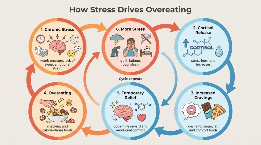 Infographic showing the stress eating cycle where chronic stress increases cortisol, leading to cravings, overeating, temporary relief, and continued stress.