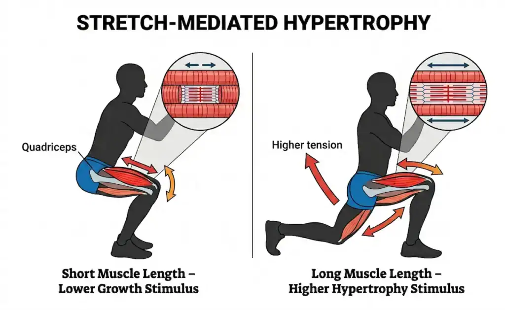 stretch mediated hypertrophy Diagram comparing short versus long muscle lengths showing greater hypertrophy stimulus when muscles are trained in a stretched position.