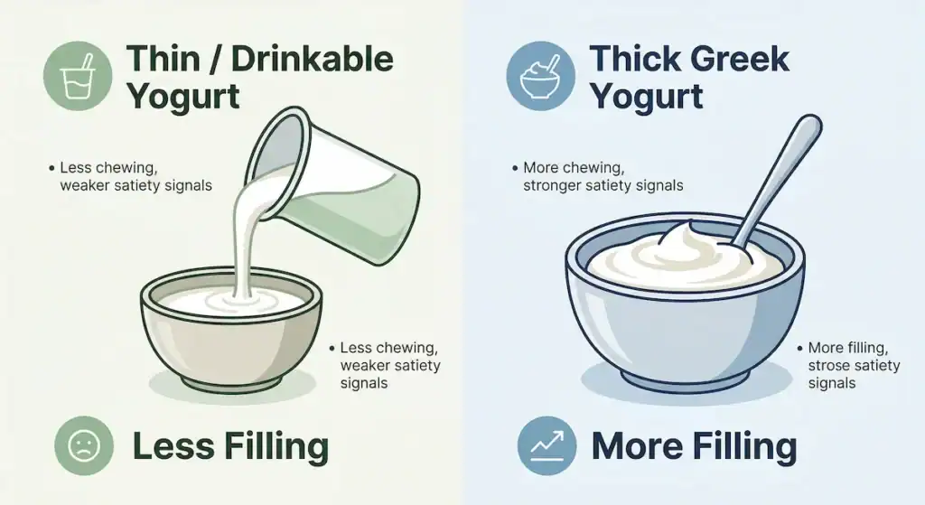 comparison of thin drinkable yogurt and thick Greek yogurt showing difference in texture and fullness