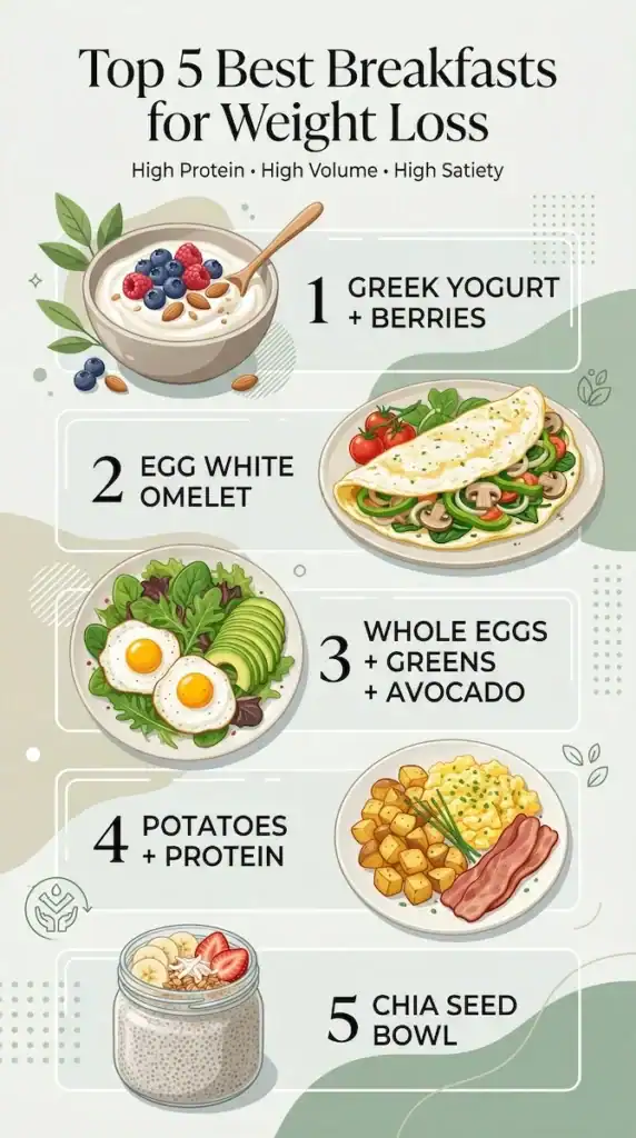infographic showing five best breakfast options for weight loss including yogurt eggs potatoes and chia bowl