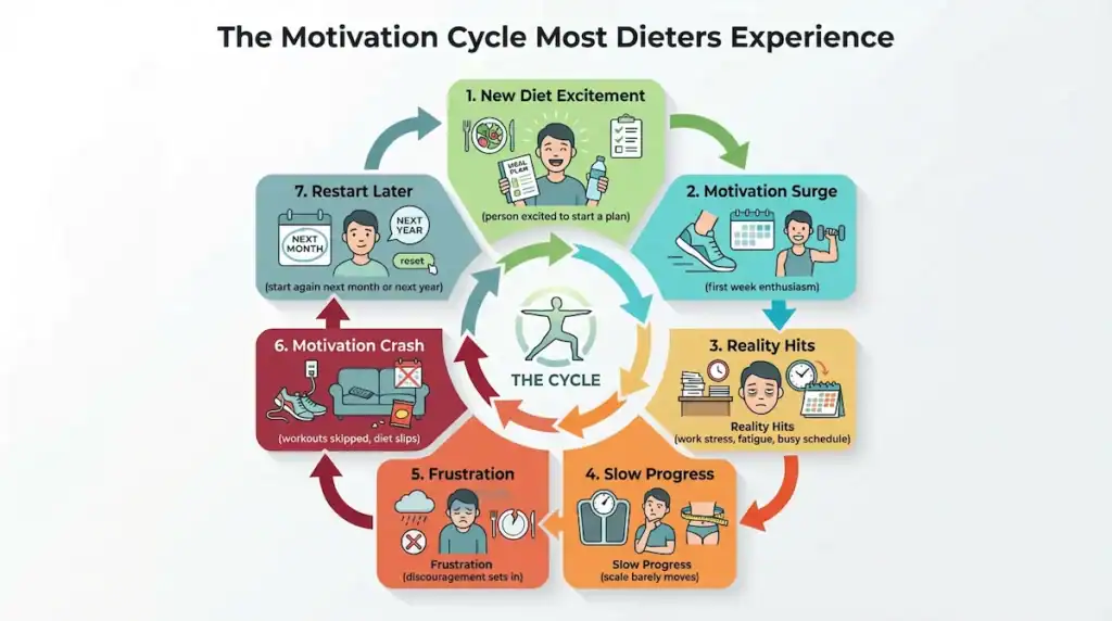 Infographic showing the typical weight loss motivation cycle, from initial excitement and motivation surge to slow progress, frustration, and restarting the diet later.