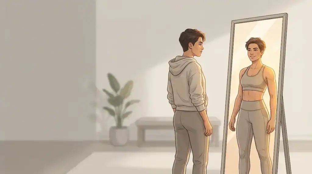 Illustration of a person looking in a mirror and seeing a stronger, healthier version of themselves as motivation for long-term weight loss.