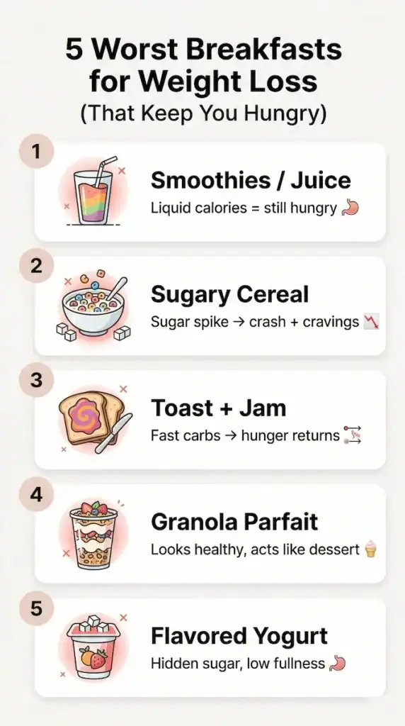 infographic showing worst breakfast foods for weight loss including smoothies cereal toast and sugary yogurt