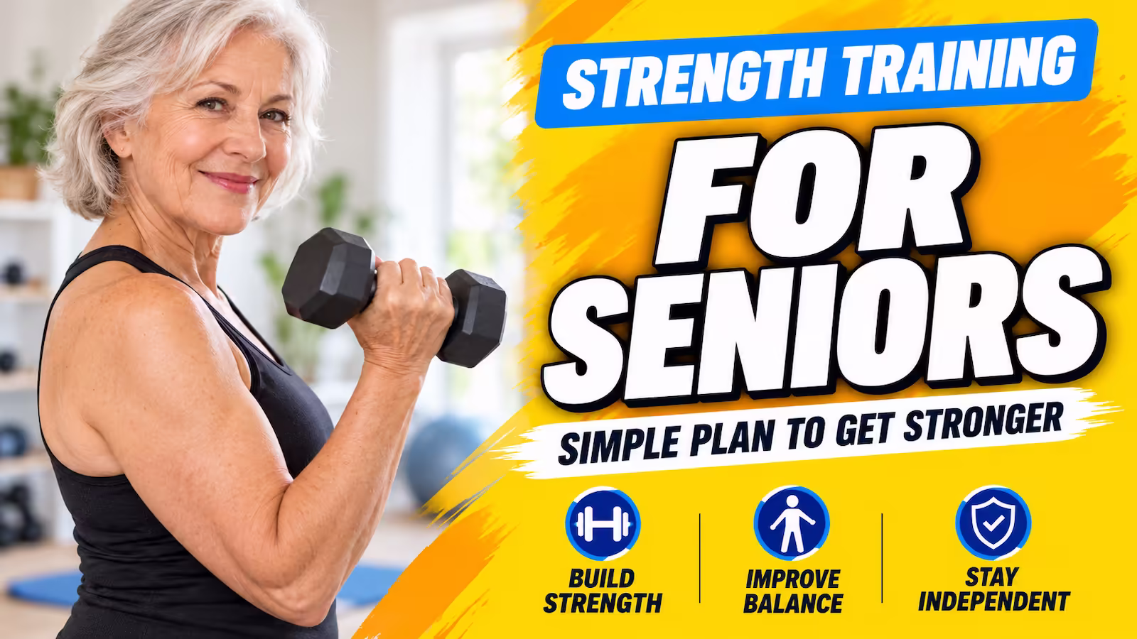 senior woman holding a dumbbell confidently doing a strength exercise. featured hero image