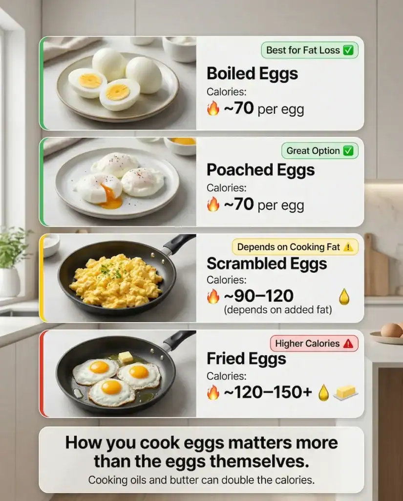 Egg cooking methods comparison showing calorie differences for weight loss