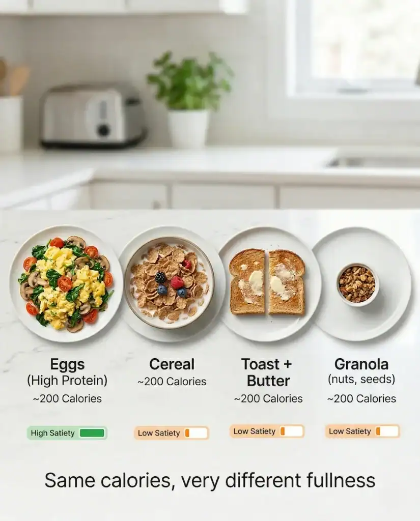 Egg calories compared to cereal toast and granola portions