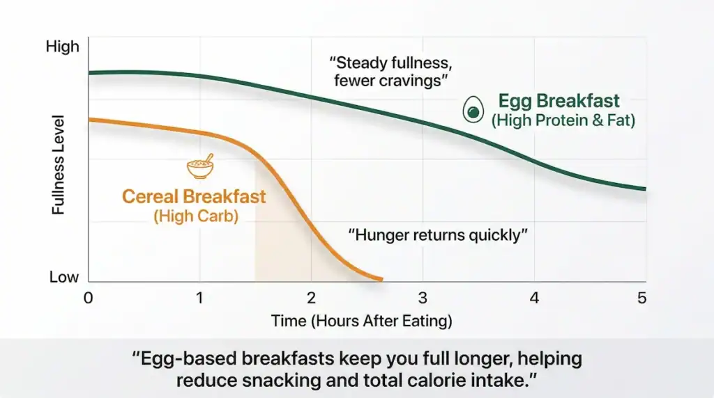Egg breakfast vs cereal fullness levels over time graph