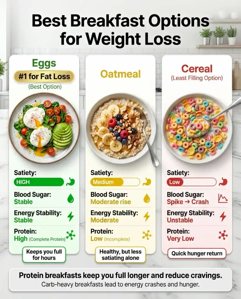 Eggs vs oatmeal vs cereal comparison for weight loss satiety and blood sugar